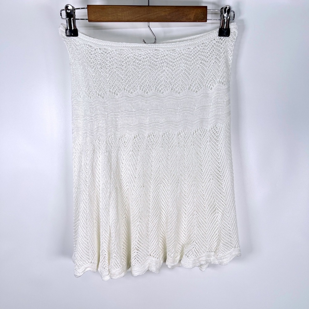 White Crochet Knit Pointelle Midi Skirt Boho Scalloped Hem Flared White Coverup - Picture 3 of 5